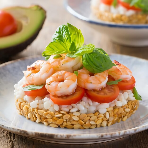 Bolos de arroz inflados cobertos de camarão, abacate e tomate cereja