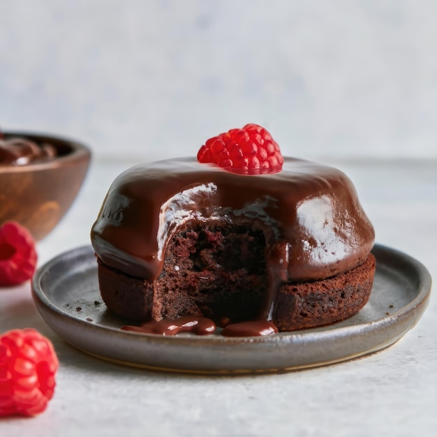 Bolos de lava derretida de chocolate escuro com coulis de framboesa