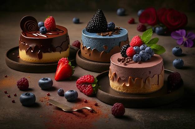 Bolos de mousse caseiros variados com frutas e pedaços de chocolate criados com IA generativa