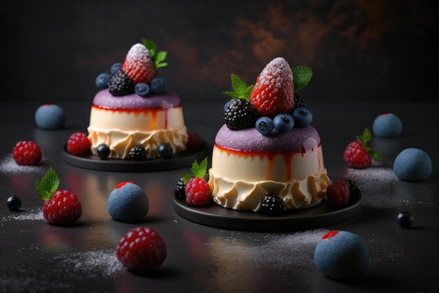 Bolos de mousse deliciosos originais com creme e frutas em fundo escuro criado com generative ai