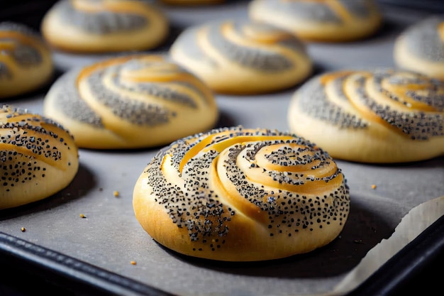 Bolos de sementes de papoula caseiros doces na assadeira