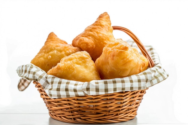 Bolos fritos em cesto de vime com decoração de toalha de mesa em xadrez em fundo branco para corte