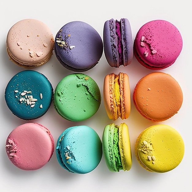 Bolos macaron ou macaroon em fundo claro colorido biscoitos de amêndoa vibrantes cores brilhantes