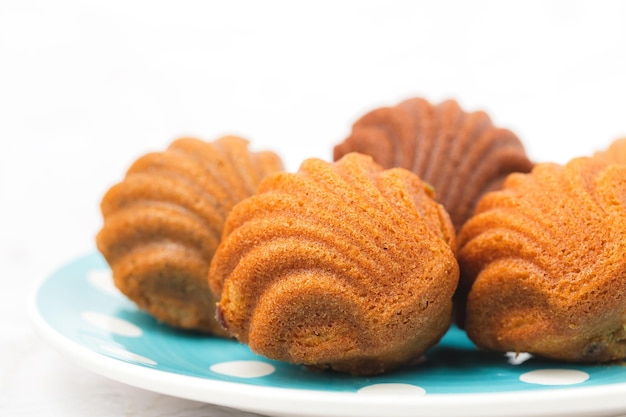 Bolos madeleine com uma forma distinta de concha em fundo branco para comida de padaria e conceito de alimentação