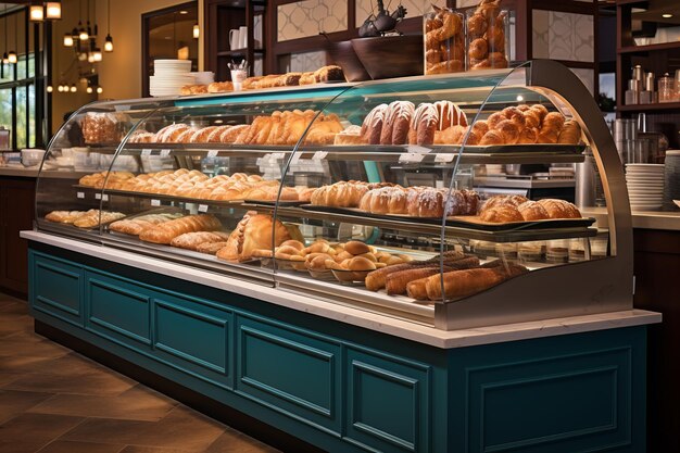 Bolos y panes en una vitrina de panadería