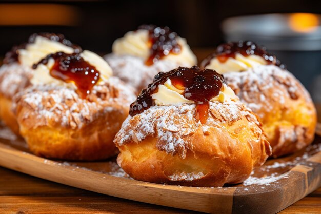 Bolos recién horneados con crema coagulada y mermelada