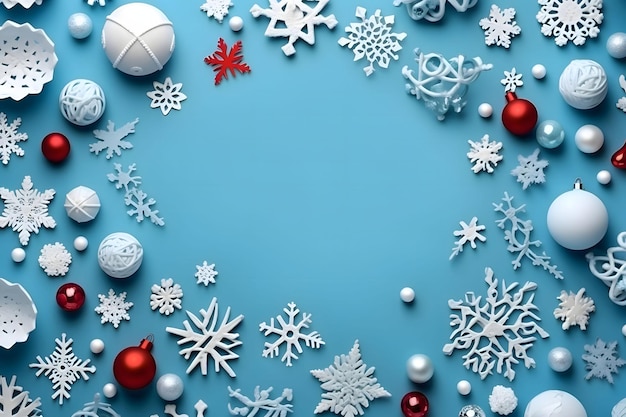 Bolos rojos blancos y copos de nieve sobre un fondo azul azul vista superior pancarta de fondo brillante de Navidad con espacio para su propio contenido