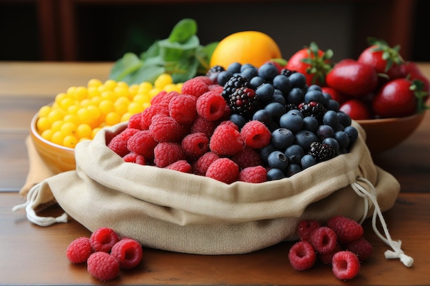 una bolsa abierta llena de frutas variadas