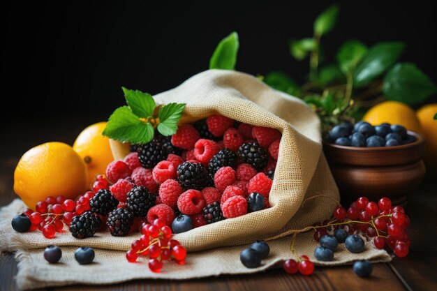 una bolsa abierta llena de frutas variadas