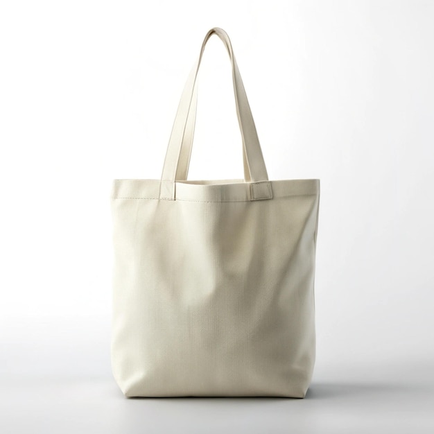 Bolsa de algodón beige sencilla con mangos exhibidos sobre un fondo blanco sencillo