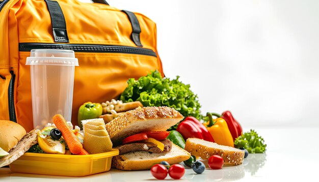 Foto bolsa de almuerzo y caja de almuera con comida deliciosa aislada sobre un fondo blanco