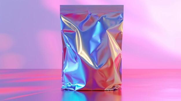 Foto bolsa de aluminio iridescente sobre un fondo vibrante