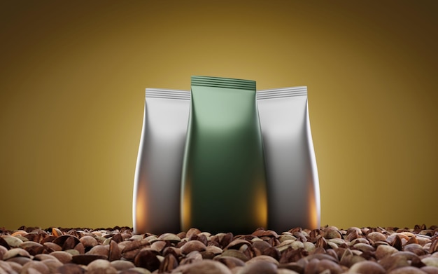 Bolsa de aluminio o doypack con granos de café sobre fondo dorado Bolsas de plástico de pie en blanco pancarta simulada Diseño de empaque verde y plateado cerrado para la vista frontal del anuncio del producto Ilustración 3d realista