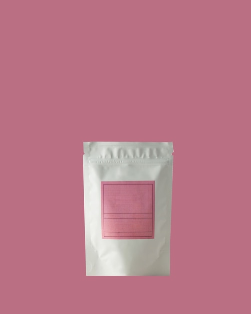 Bolsa de aluminio para té café con etiqueta rosa para firma sobre fondo rosa