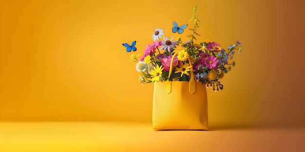 Bolsa amarilla con flores y mariposas en un fondo amarillo brillante La primavera de jardinería está aquí El comienzo del verano o el concepto del día de la madre