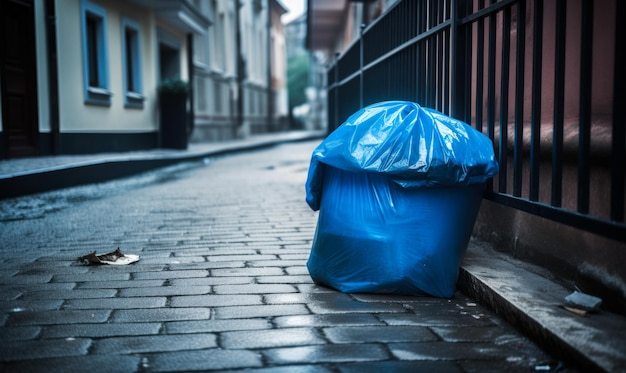 Bolsa azul con basura en la estrecha calle pavimentada Bolsa de plástico con basura cerca de la valla metálica IA generativa