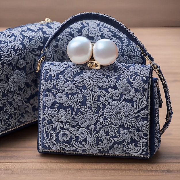 Una bolsa azul y blanca con una perla.