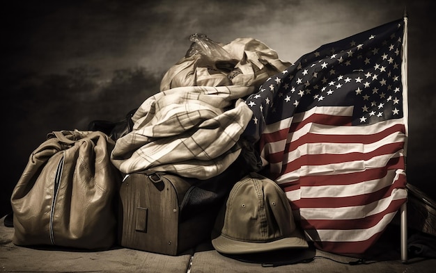Una bolsa de bandera americana se sienta encima de un montón de bolsas