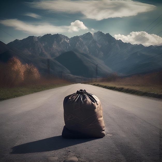 Bolsa de basura en la carretera con montañas al fondo
