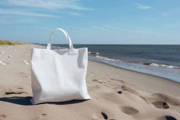 Una bolsa blanca con asas se encuentra en la playa en la arena Espacio de diseño de bolsa blanca para texto