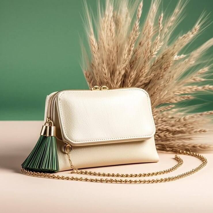 Una bolsa blanca con una borla y un fondo verde.