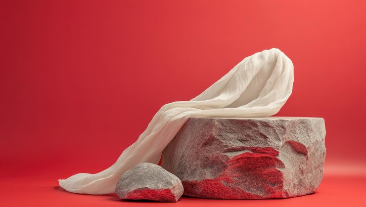 una bolsa blanca con un paño blanco en ella se sienta en un fondo rojo