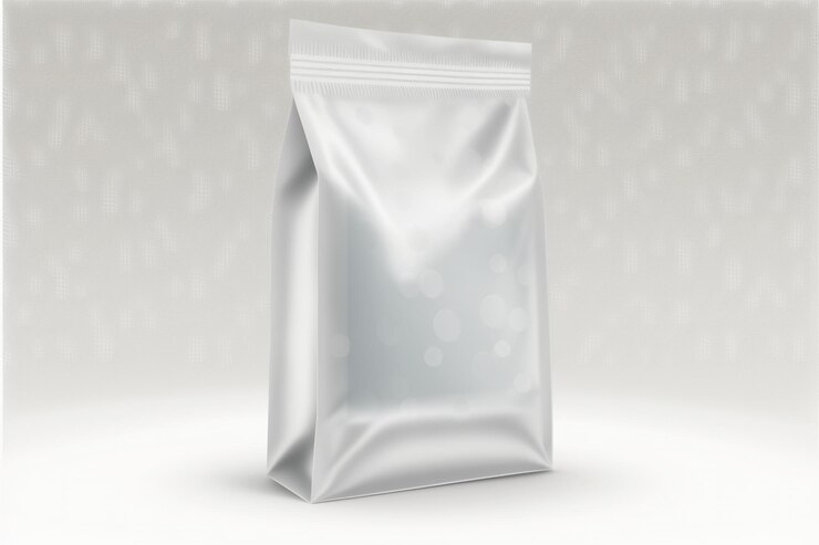 Una bolsa blanca vacía de un producto con fondo plateado.