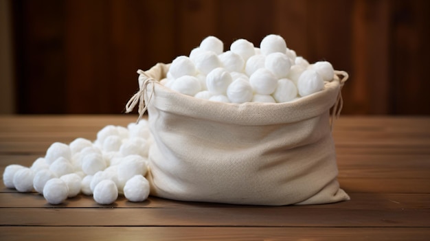 una bolsa de bolas de algodón en una mesa de madera