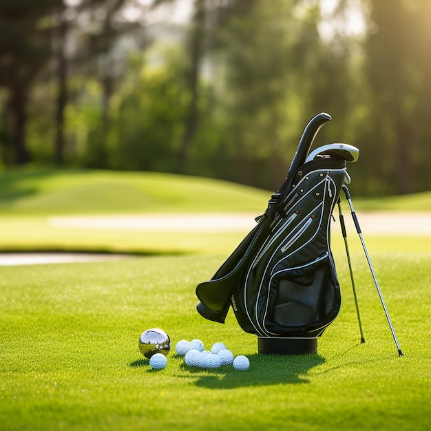 una bolsa de bolas de golf con un club de golf en el fondo