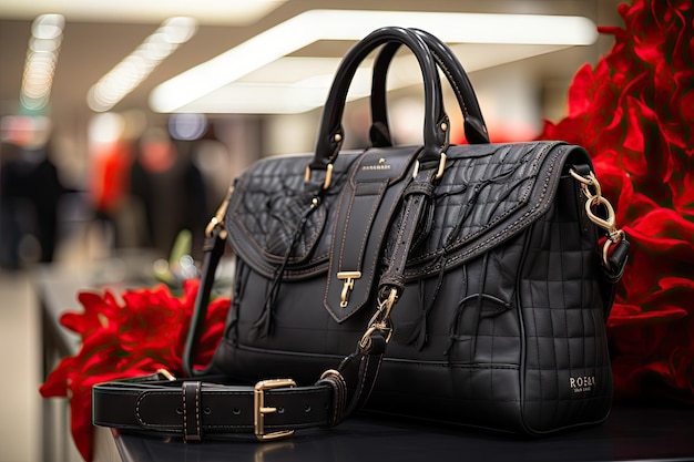una bolsa de bolso negra en una mesa con flores rojas en el fondo y un bolso de mano de una mujer a su lado