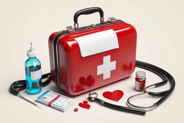 bolsa de botiquín de primeros auxilios con estetoscopio jeringa corazón rojo y presión arterial frecuencia cardíaca aislada en fondo de color crema