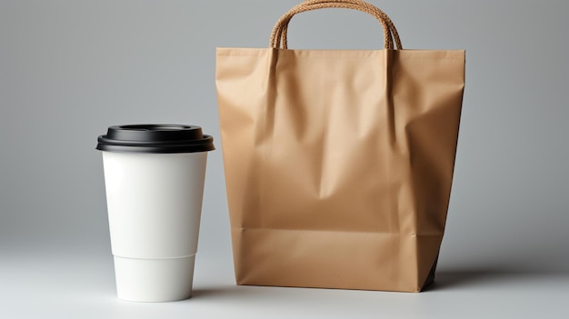 Bolsa de café junto al vaso de plástico sobre fondo blanco.