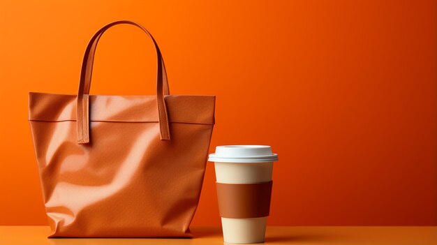 bolsa de café junto al vaso de plástico sobre fondo naranja