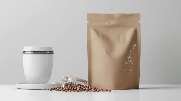 una bolsa de café junto a una taza de café