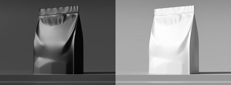 Bolsa de café de plástico blanco o negro Maqueta Standup Fondo oscuro Ilustración 3d