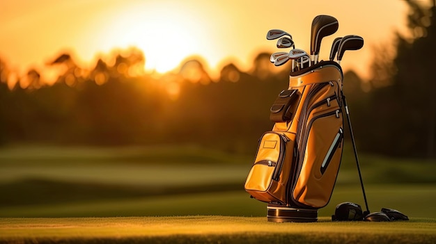 Bolsa de club de golf para entrenamiento de golfista y juego en el juego con fondo de campo de golf al atardecer Golfer Generative Ai