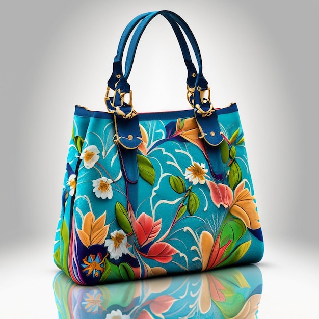 una bolsa de colores con flores y una correa azul.