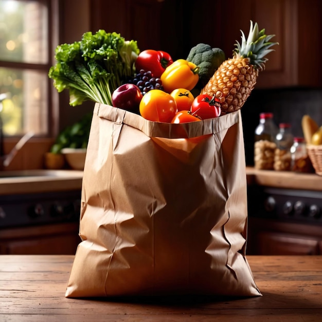 Bolsa de comestibles llena de varios tipos diferentes de alimentos