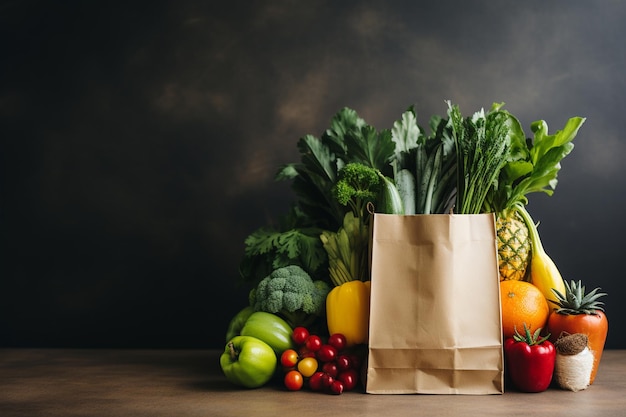Bolsa de comestibles con vegano y frutas