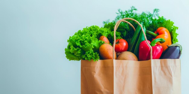 Foto bolsa de compras con alimentos saludables en fondo blanco