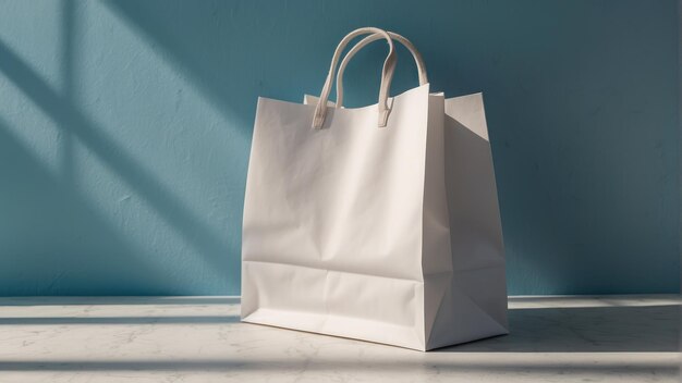 Bolsa de compras blanca minimalista con fondo azul