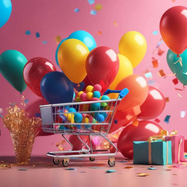 Una bolsa de compras y un carrito de compras con globos y confeti en fondo de color