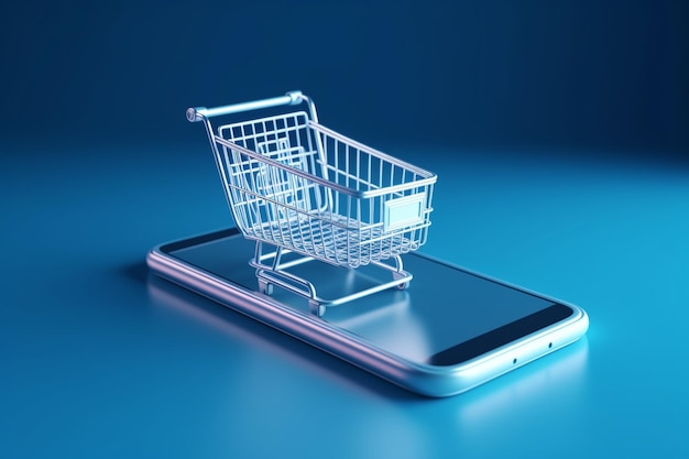 Bolsa de compras en carrito de compras en el teléfono inteligente aislado sobre fondo azul concepto de comercio electrónico de compras en línea renderi 3d