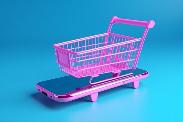 Foto bolsa de compras en carrito de compras en el teléfono inteligente aislado sobre fondo azul concepto de comercio electrónico de compras en línea renderi 3d