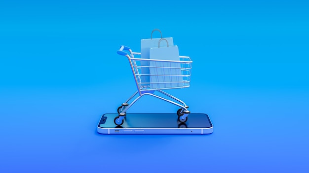 Bolsa de compras en carrito de compras en el teléfono inteligente aislado sobre fondo azul Concepto de comercio electrónico de compras en línea Representación 3D