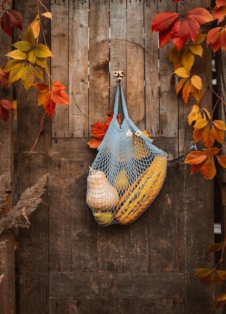 Bolsa de compras de cuerdas con cosecha de otoño colgando de una vieja puerta de madera rústica