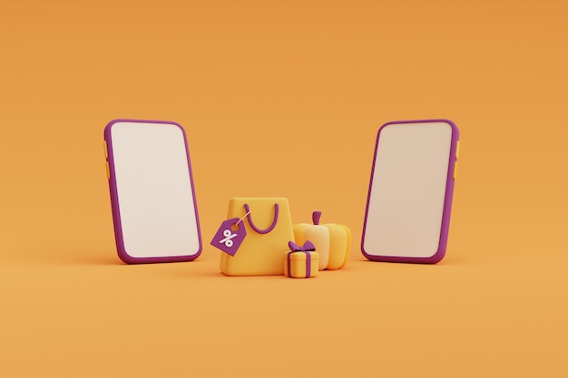 Bolsa de compras y decoraciones de Halloween con smartphone sobre fondo amarillo para la celebración de venta de Halloween template.minimal concept.3d render.