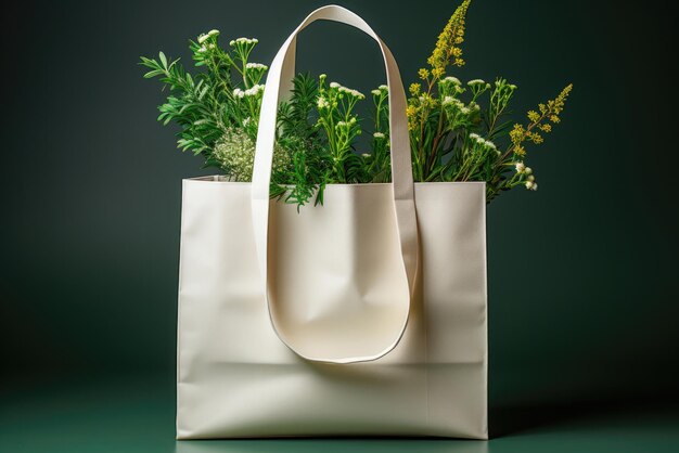 Bolsa de compras ecológica con ramas de vegetación en el fondo El concepto de consumo ecológico Mockup