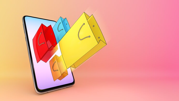 Bolsa de compras expulsada de un teléfono móvil., Servicio de transporte de pedidos de aplicaciones móviles en línea y Concepto de compras en línea y entrega., Representación 3D.