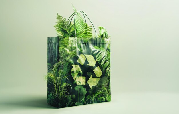 Bolsa de compras de forma transparente contra un fondo claro con símbolo de reciclaje visible en el interior